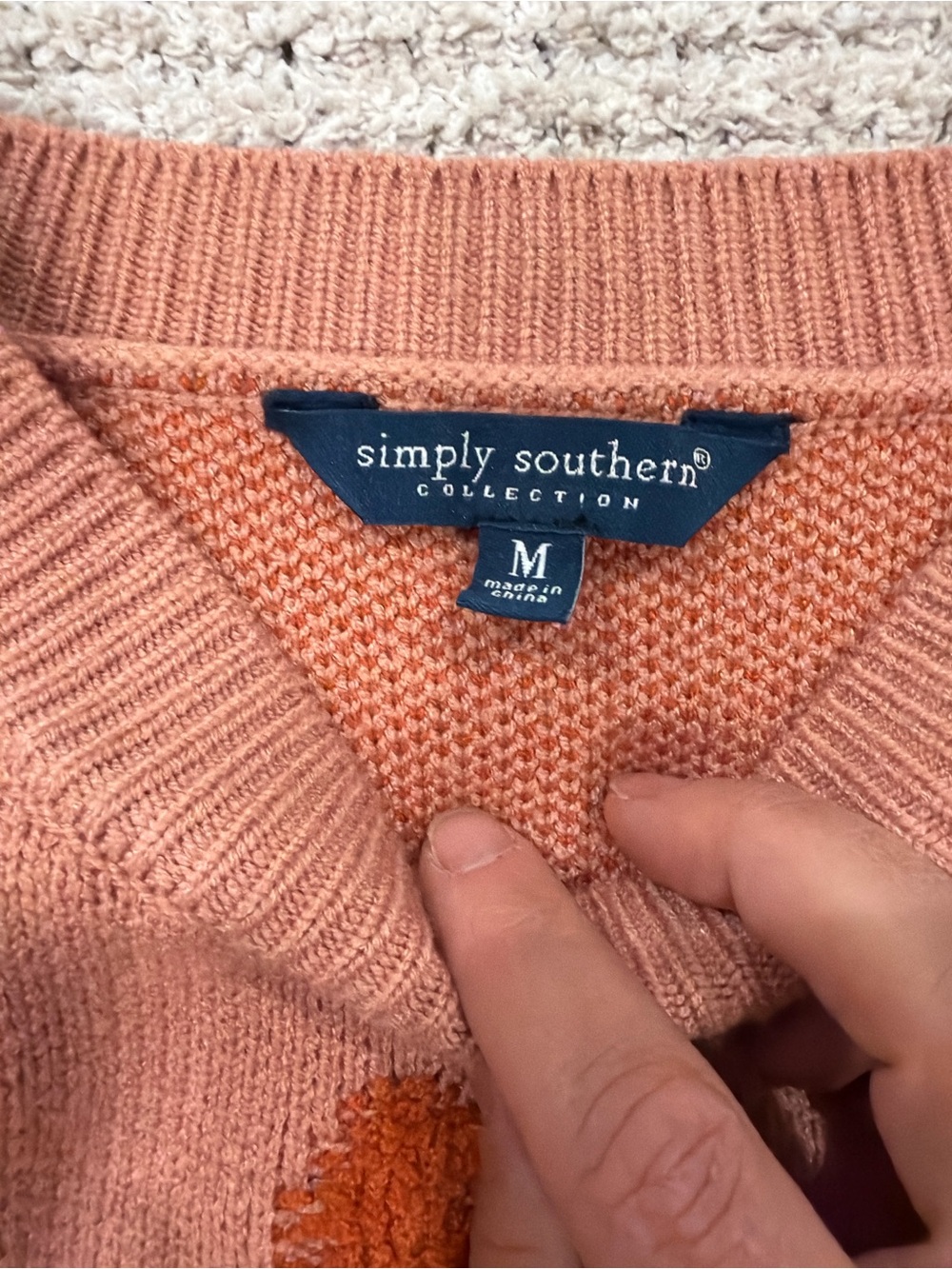 Simply Southern Coral Pink Crewneck Sweater with Orange Floral Appliqués - Picture 3 of 6